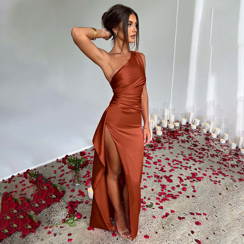 one-shoulder backless slit dress