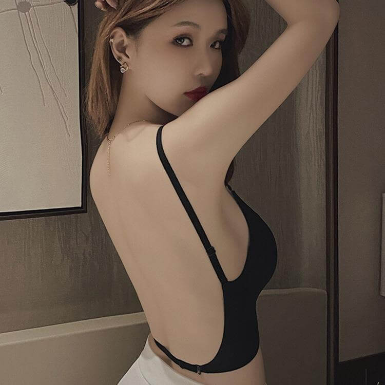 Invisible plunge bra for backless dresses, showcasing its perfect fit and style.
