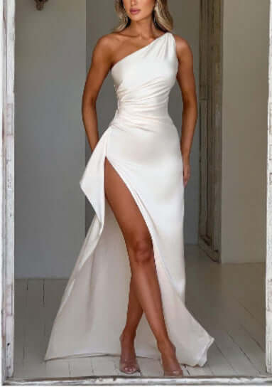 one-shoulder backless slit dress