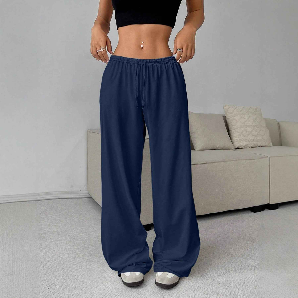 Solid color elastic waist women's casual pants