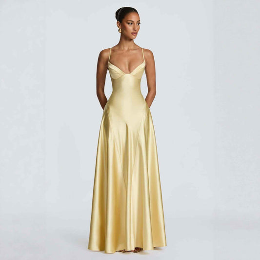 Deep V waist satin spaghetti strap dress
