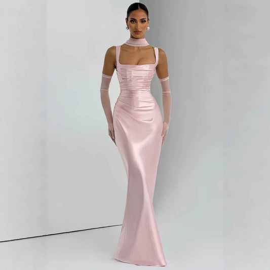 Square-necked women's solid color slim-fit pleated waist fishbone strap ribbon dress