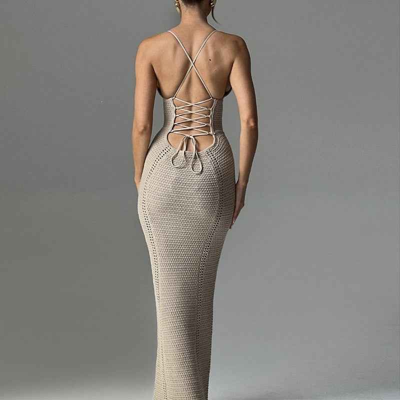 Sexy V-neck spaghetti strap backless knitted beach dress