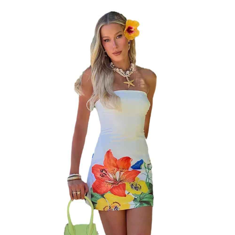 Sexy strapless waist print dress