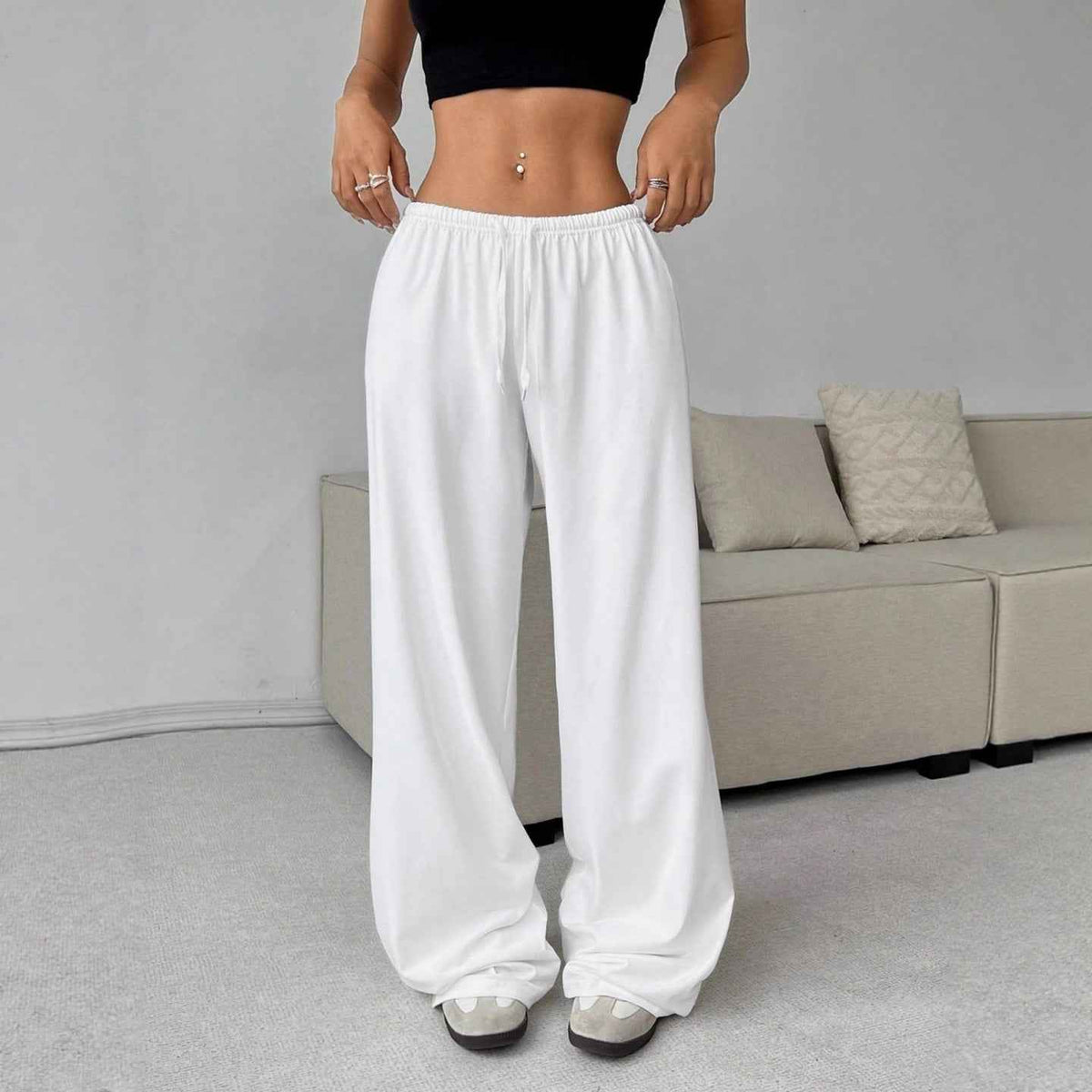 Solid color elastic waist women's casual pants