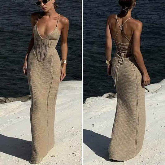 Sexy V-neck spaghetti strap backless knitted beach dress