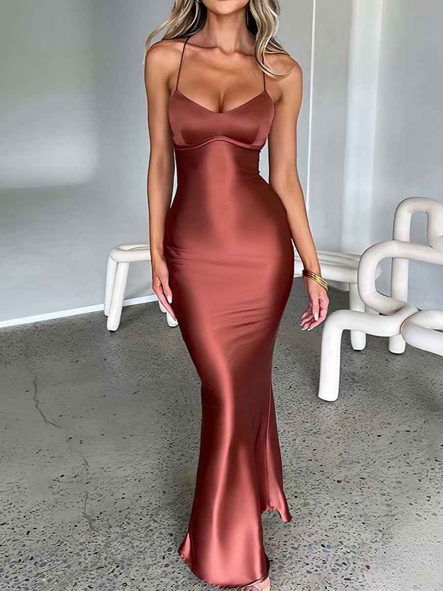 Sexy spaghetti strap satin fashion backless strap waist evening dress