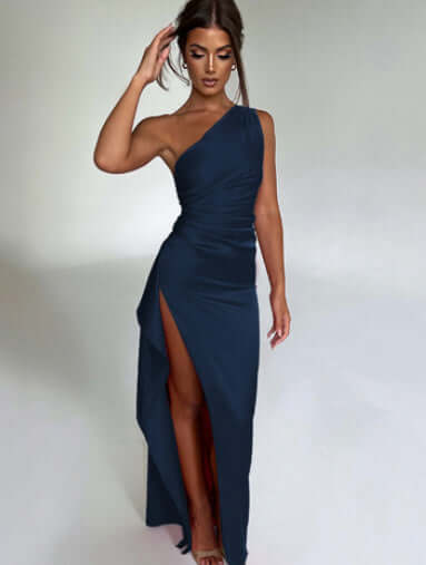 one-shoulder backless slit dress