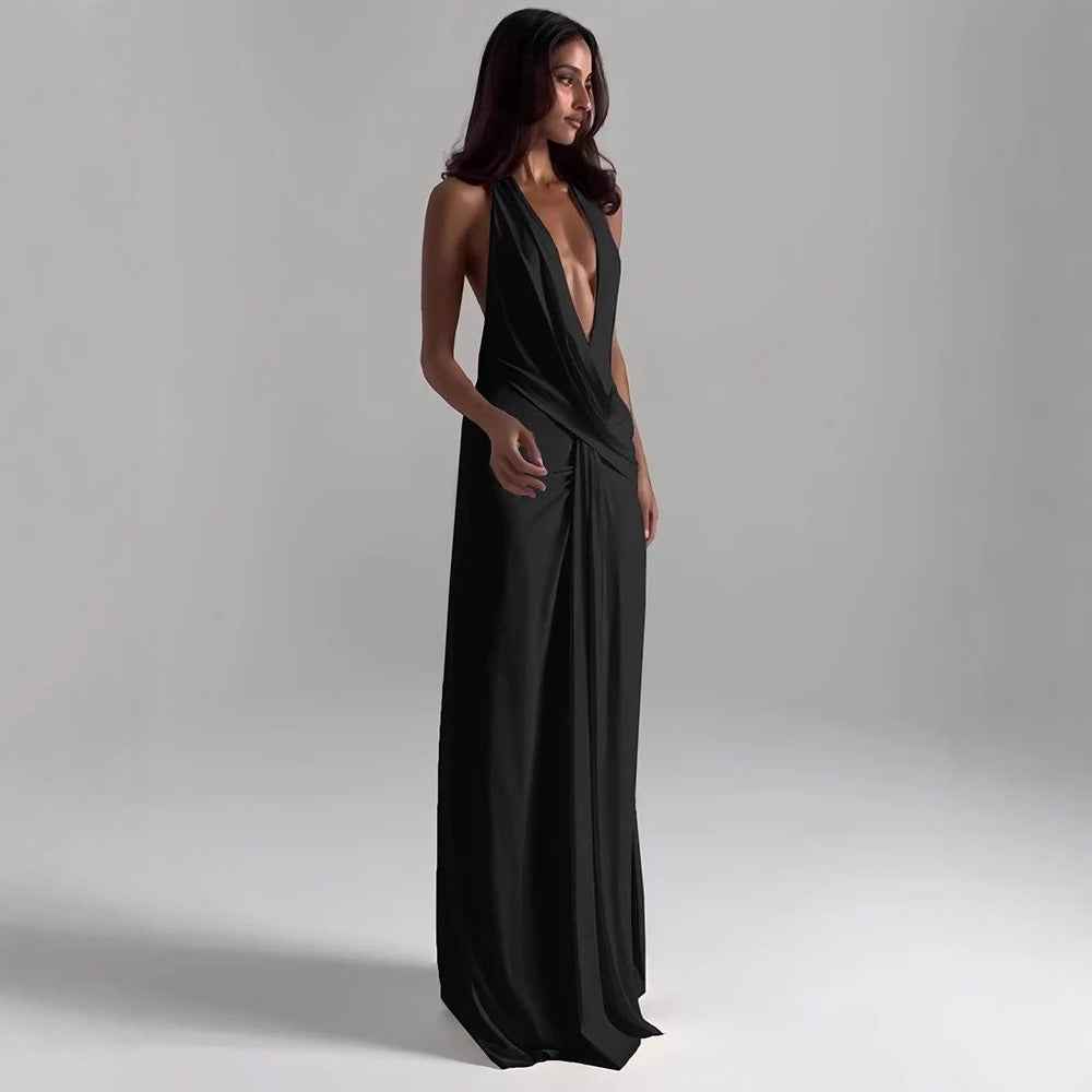 Fashionable and simple solid color neck collar sleeveless cross swing neck backless dress
