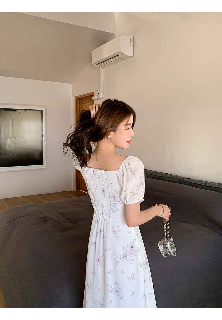 Elegant Vintage Floral Dress with Square Neckline for Ladies
