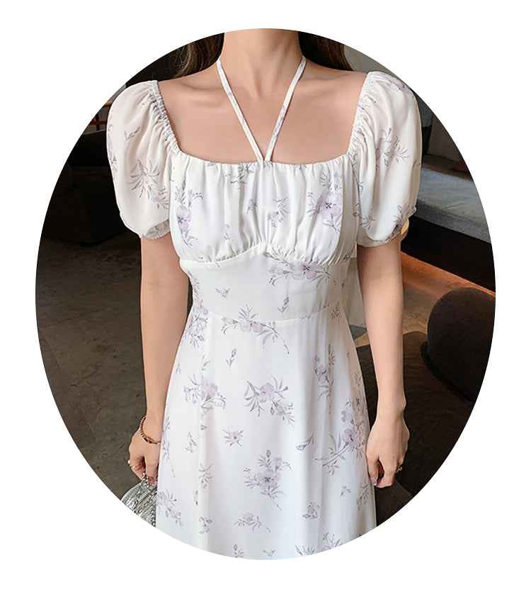 Elegant Vintage Floral Dress with Square Neckline for Ladies