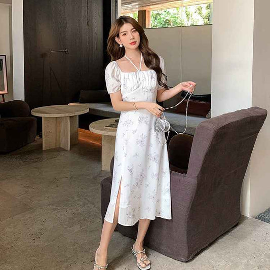 Elegant Vintage Floral Dress with Square Neckline for Ladies