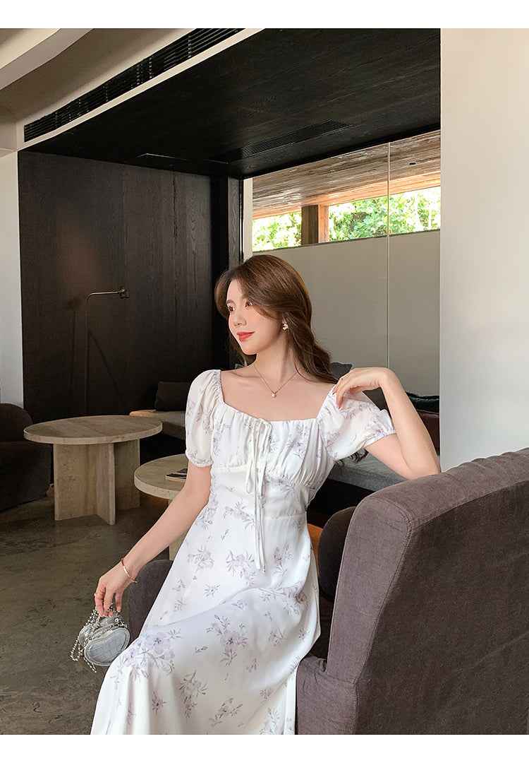 Elegant Vintage Floral Dress with Square Neckline for Ladies