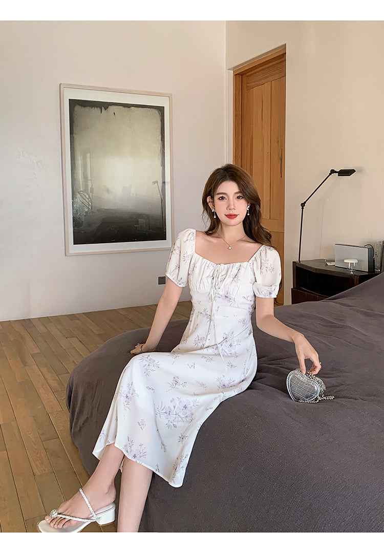 Elegant Vintage Floral Dress with Square Neckline for Ladies