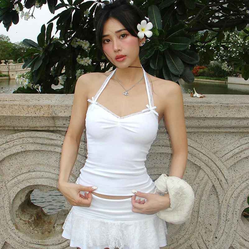 Elegant Bow Back Strappy Lace Blouse