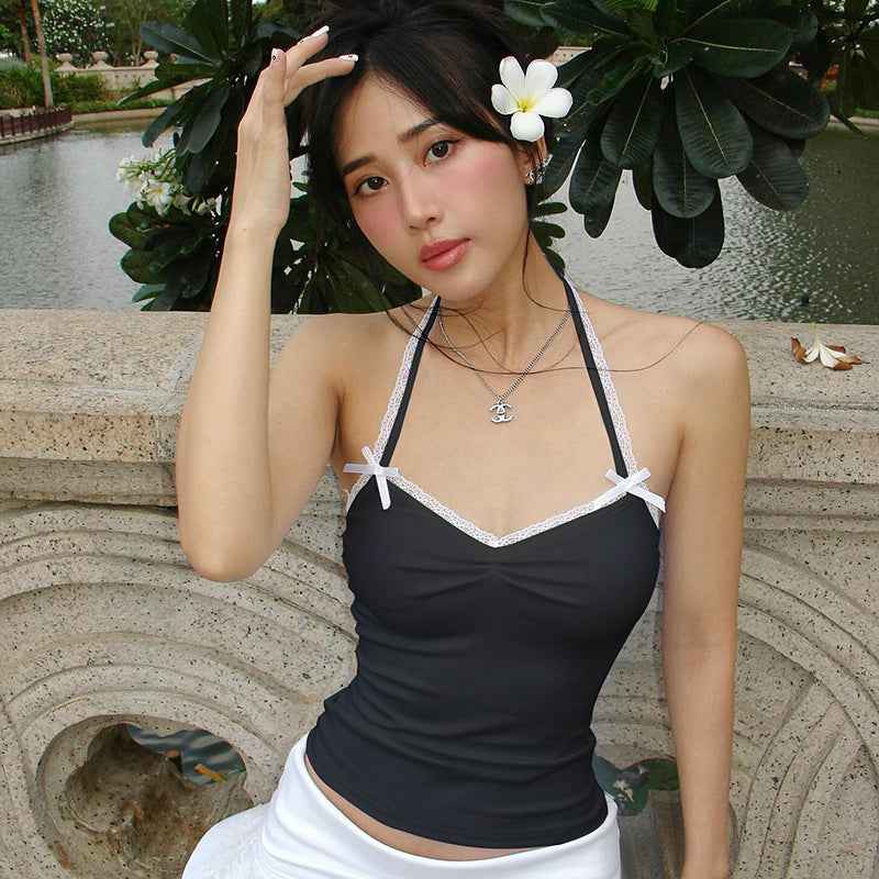 Elegant Bow Back Strappy Lace Blouse