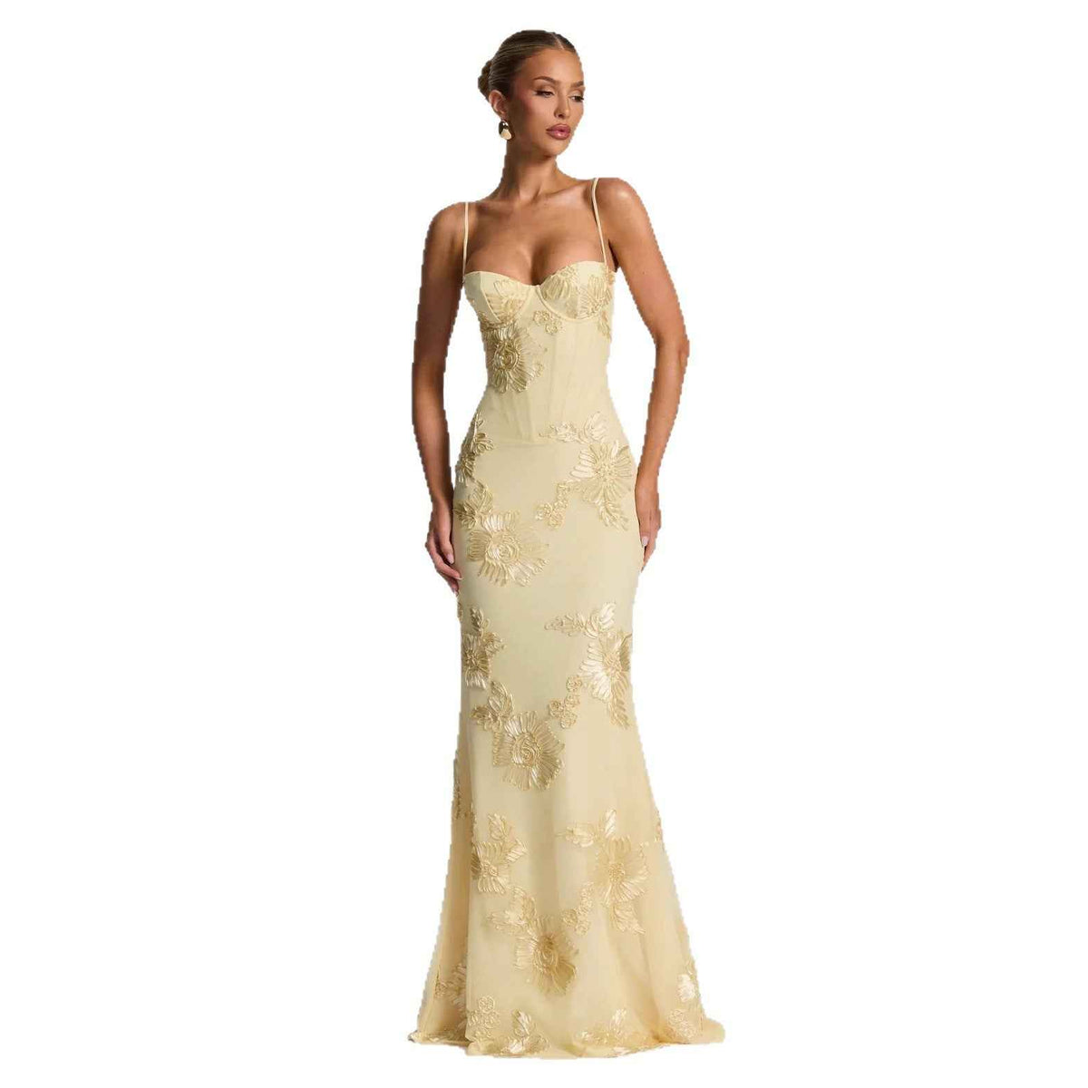 Floral-Patterned Elegant Halter-Neck Fitted Evening Dress With Skirt