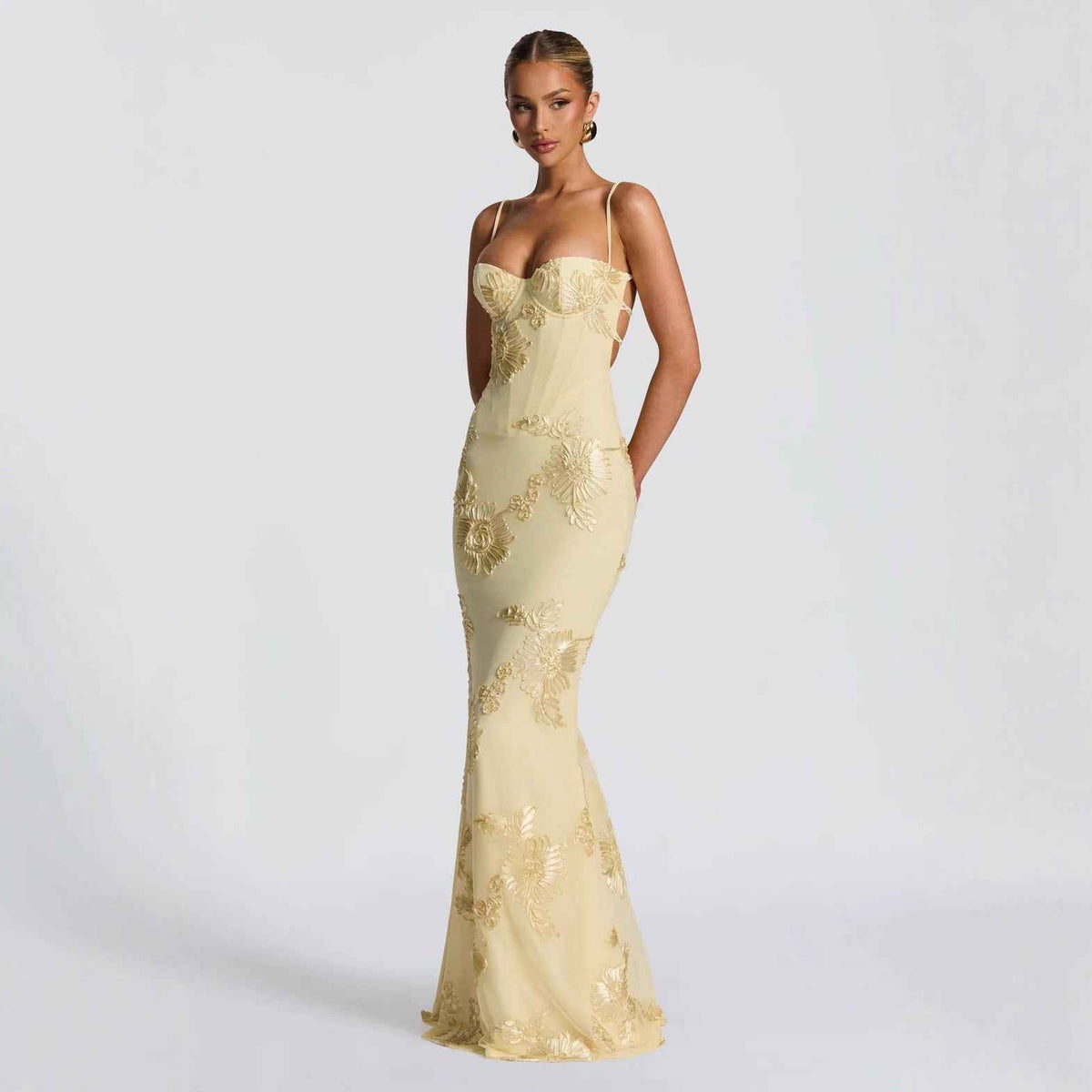 Floral-Patterned Elegant Halter-Neck Fitted Evening Dress With Skirt