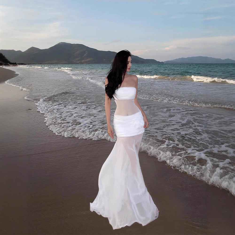 Seaside Holiday Style See-Through Mesh Tube Top Dress
