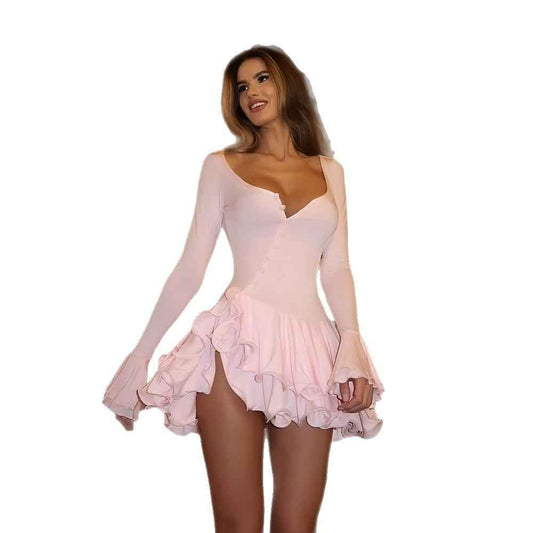 Bell Sleeve Waist Low Cut Sexy Button Dress