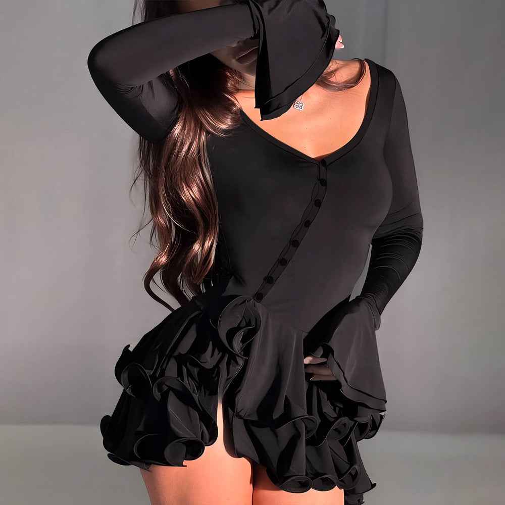 Bell Sleeve Waist Low Cut Sexy Button Dress