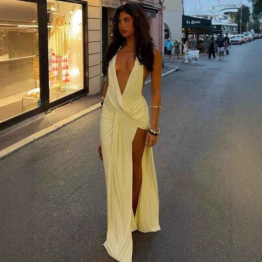 Fashionable and simple solid color neck collar sleeveless cross swing neck backless dress