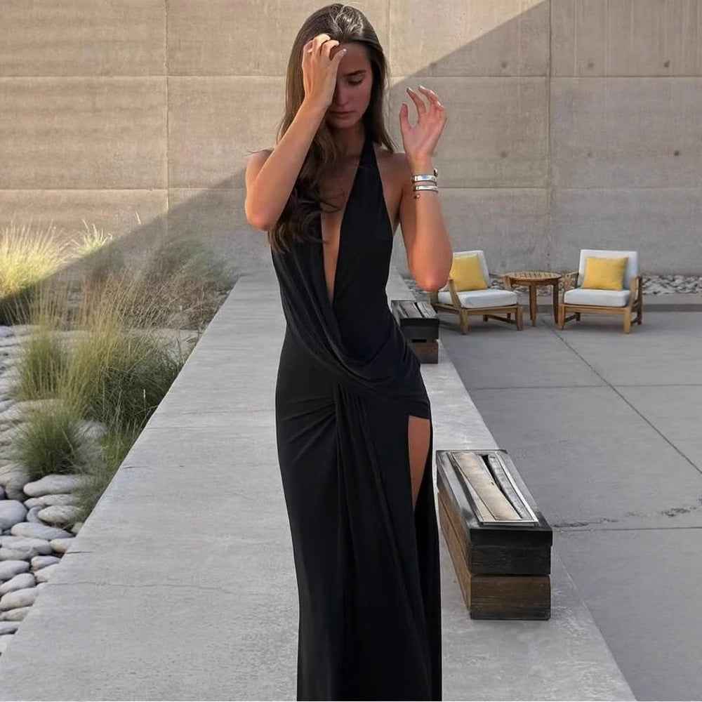 Fashionable and simple solid color neck collar sleeveless cross swing neck backless dress