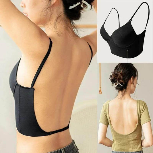Invisible plunge bra for backless dresses showcased on a model wearing a backless top.