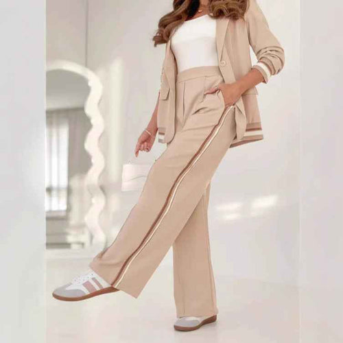 2 Pcs Set Women Suit Coat Pants Suit Lapel Long Sleeves Lady Jacket Wide Leg High Waist Trousers Female Commuting Office Outfit