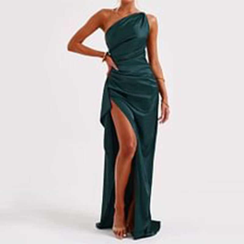 one-shoulder backless slit dress