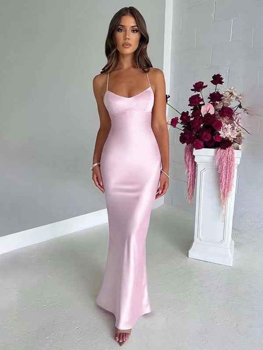 Sexy spaghetti strap satin fashion backless strap waist evening dress