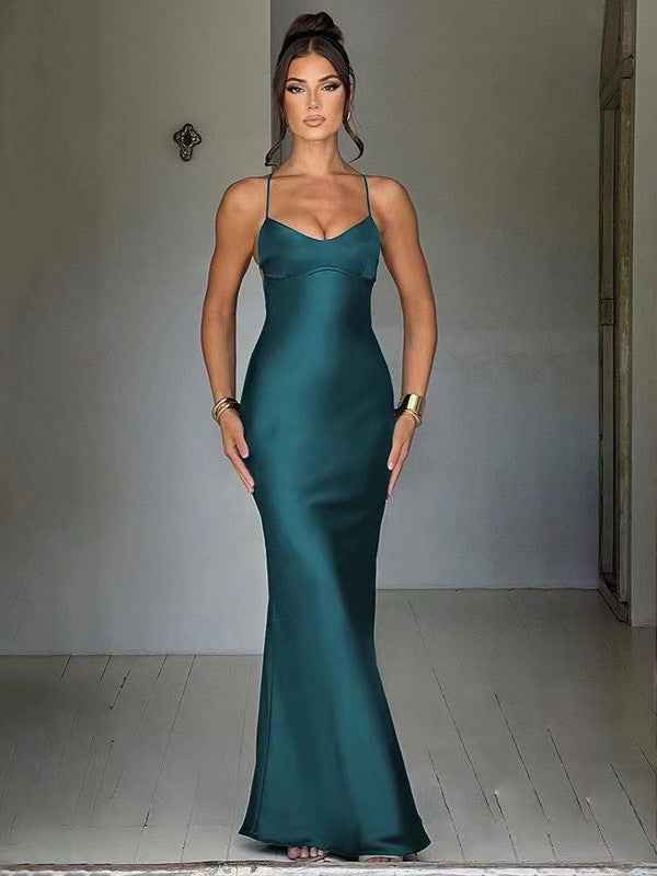 Sexy spaghetti strap satin fashion backless strap waist evening dress