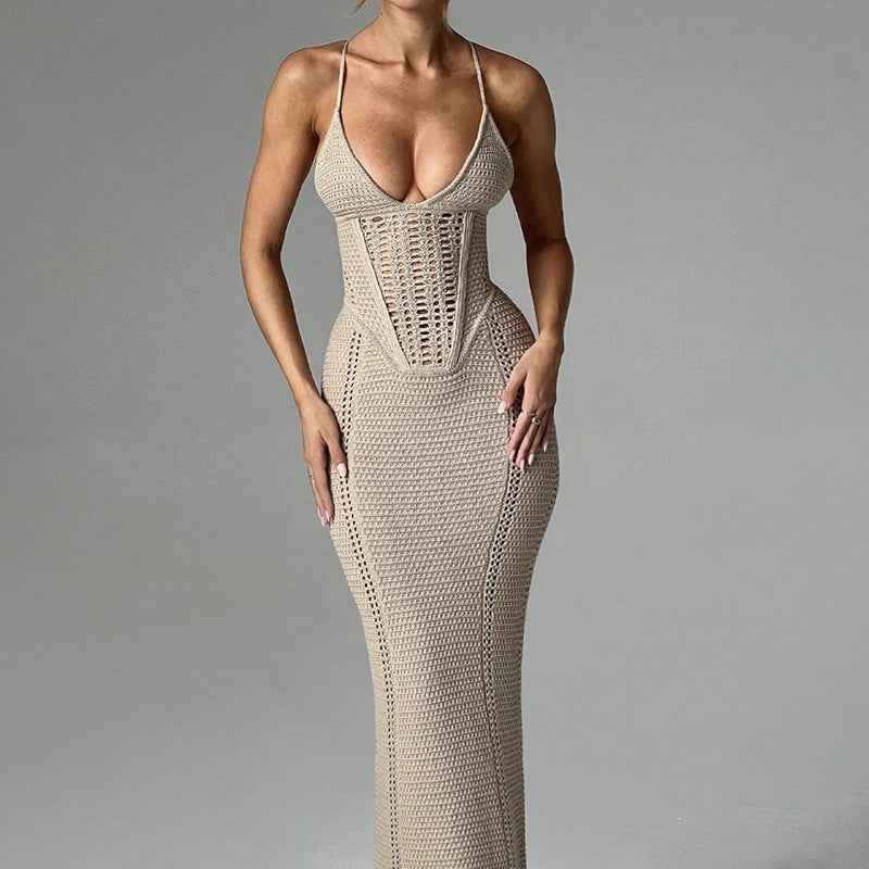 Sexy V-neck spaghetti strap backless knitted beach dress