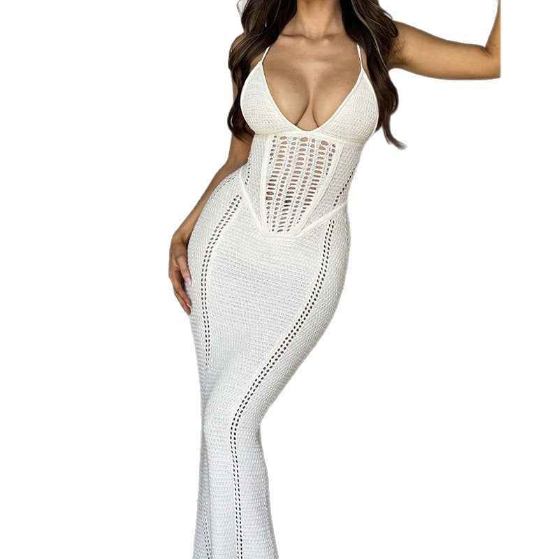 Sexy V-neck spaghetti strap backless knitted beach dress